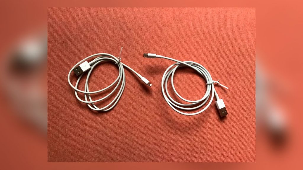 dois cabos USB enrolados, um ao lado do outro, sob um tapete, sendo que apenas um deles rouba senhas