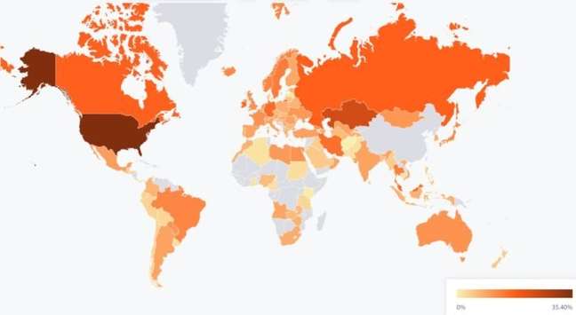 July Bitcoin Mining Map showing 0% share of China 