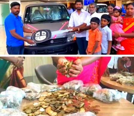 Above, Vitryville (in a white shirt) receives the car keys next to the family;  Below, 60,000 coins are counted