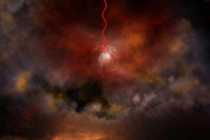 Artist's depiction of a neutron star with an ultra-strong magnetic field, called a magnetar, that emits radio waves (red), is a prime candidate for what generates fast radio bursts